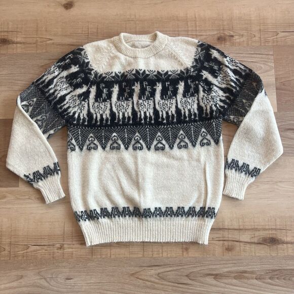 Peru Baby Alpaca Sweater Handmade Fair Isle Unisex Black Cream Soft No Tags - Picture 1 of 7